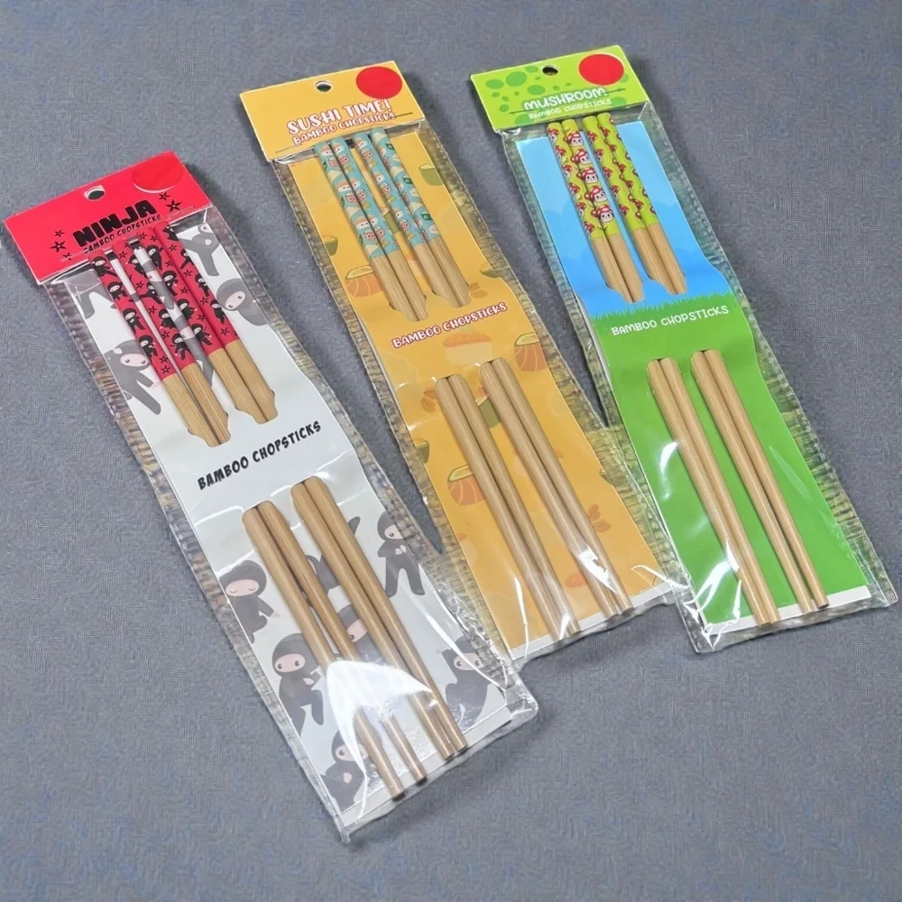 Set of 3 Bamboo Chopsticks, NWT Cute Sushi, Ninja & Mushroom Designs, Reusable